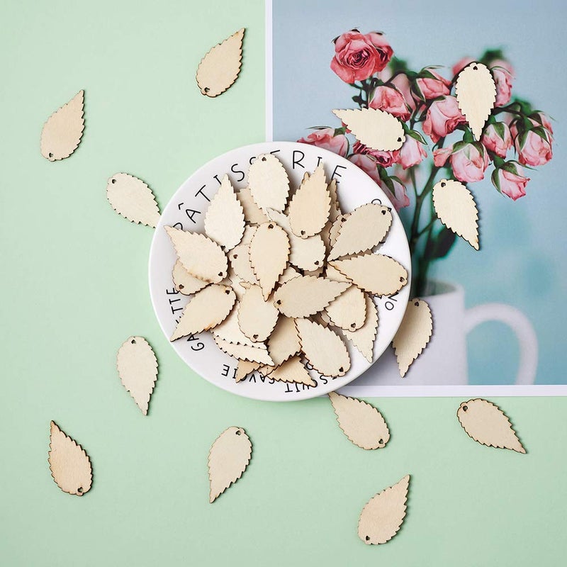 KISSITTY 100-Piece Natural Unfinished Blank Wooden Leaf Flat Pendants for Easter Decorations AntiqueWhite 1.96x1.02 Inch - Image 3
